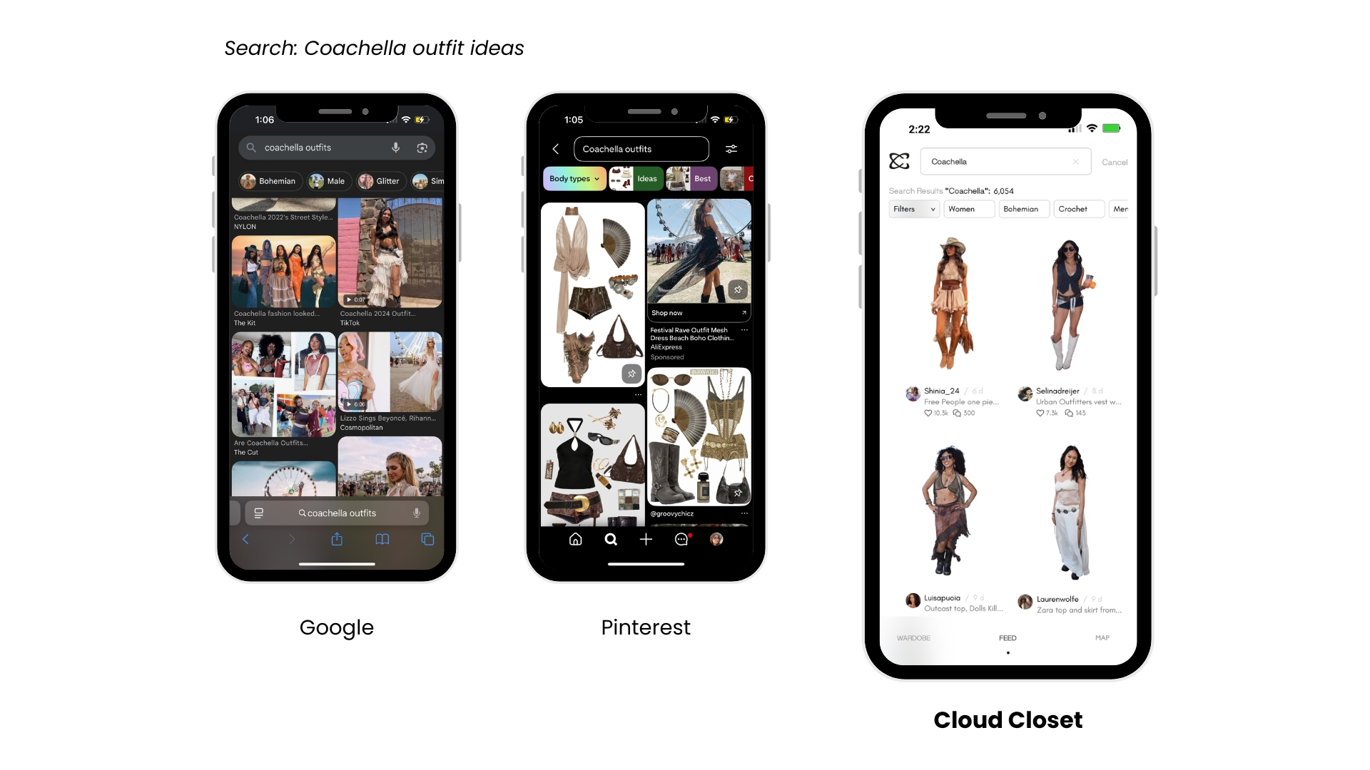 A visual comparison between Google, Pinterest, and Cloud Closet for a Coachella outfit search.